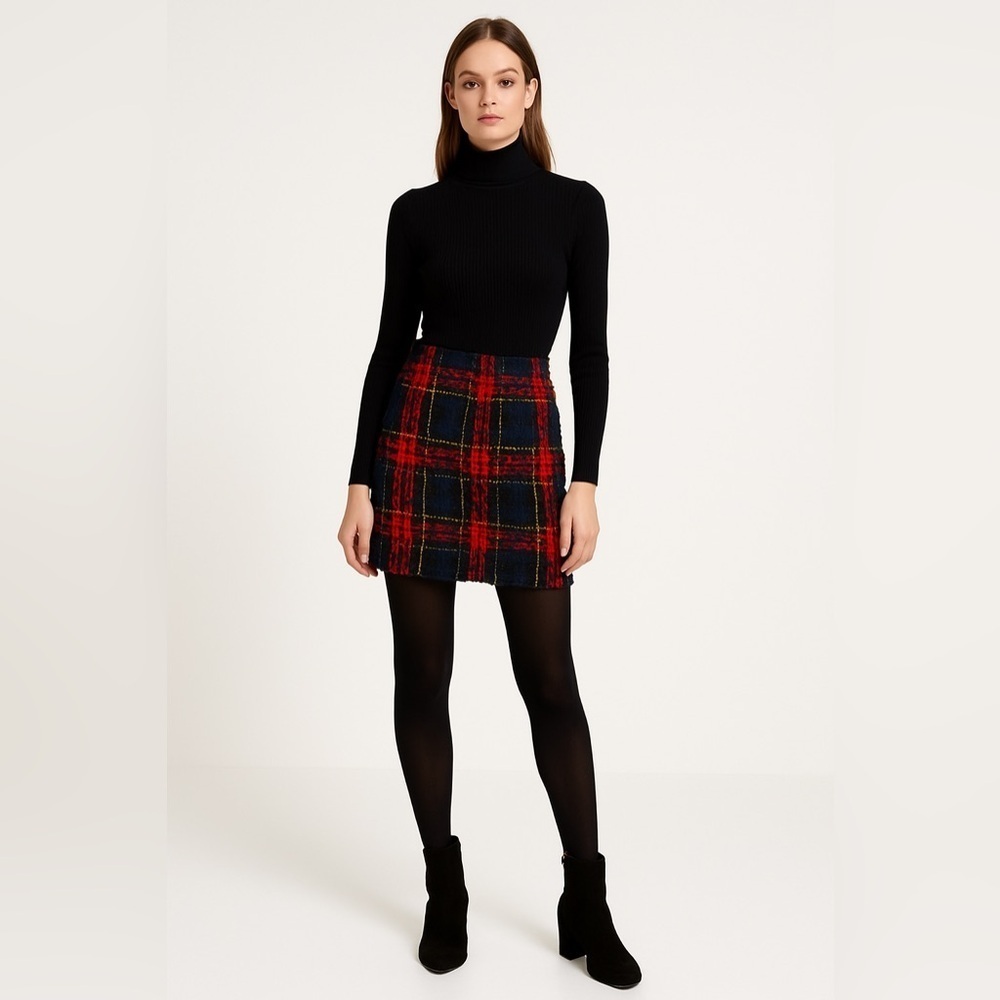 Halogen tweed mini skirt boucle texture plaid design size 6 navy red